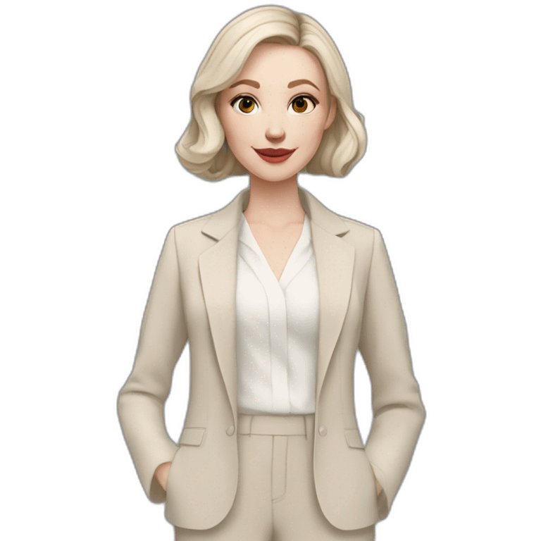 pale skin woman with ash blonde Straightened bob Hair, White Spacious classical jacket, beige palazzo Arrow pants and gray blouse holding a color palette in the hands emoji