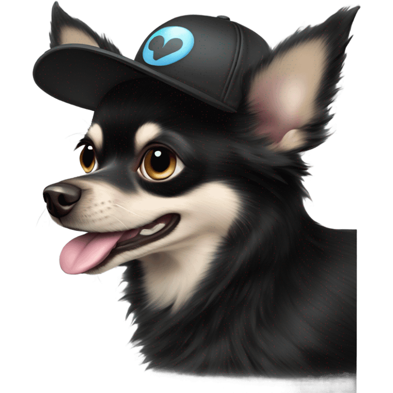 cute black long fur Chihuahua held by old blue eyes man with goatee and ball cap emoji