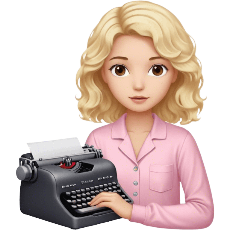 Blonde model with brown eyes, wavy hair, pastel pink pajamas, typewriter emoji