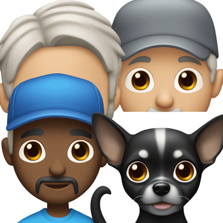 Man with blue eyes grey hair and grey goatee wearing ball cap holding long hair black chihuahua emoji