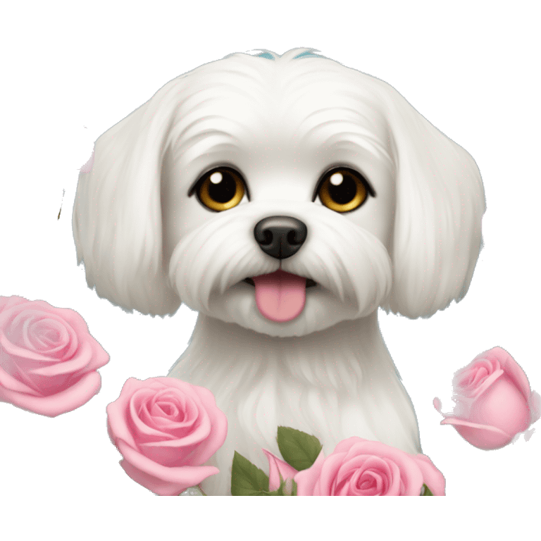  white maltese dog and pink roses  emoji