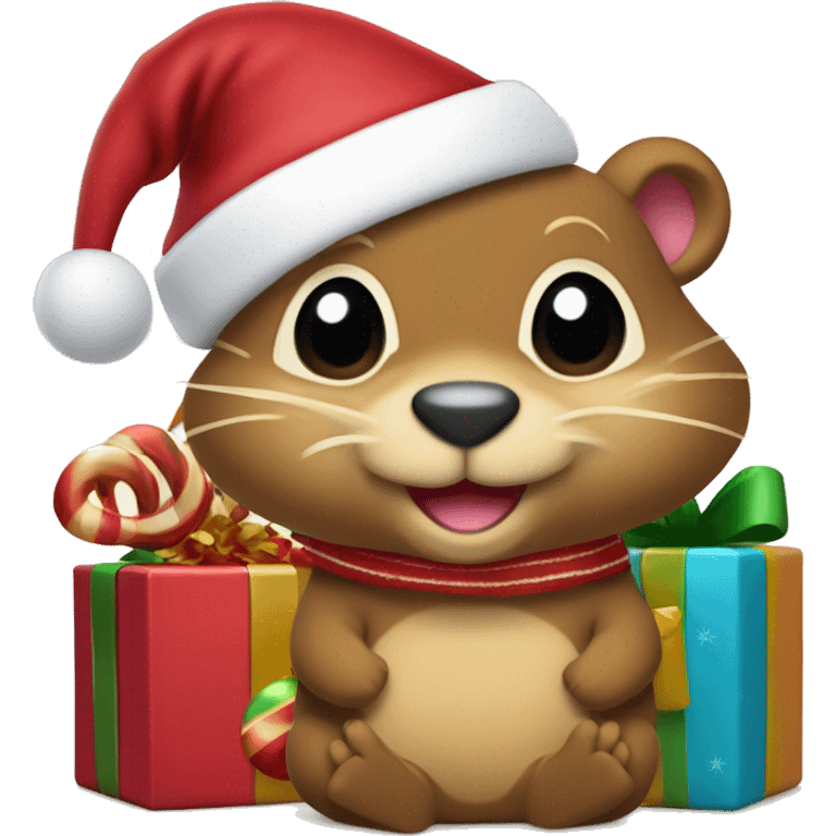 “Create an emoji of a cheerful gopher like Goldy the Gopher from the University of Minnesota, wearing a festive Christmas hat and scarf, surrounded by ornaments, candy canes, and wrapped presents in a colorful holiday theme.” emoji