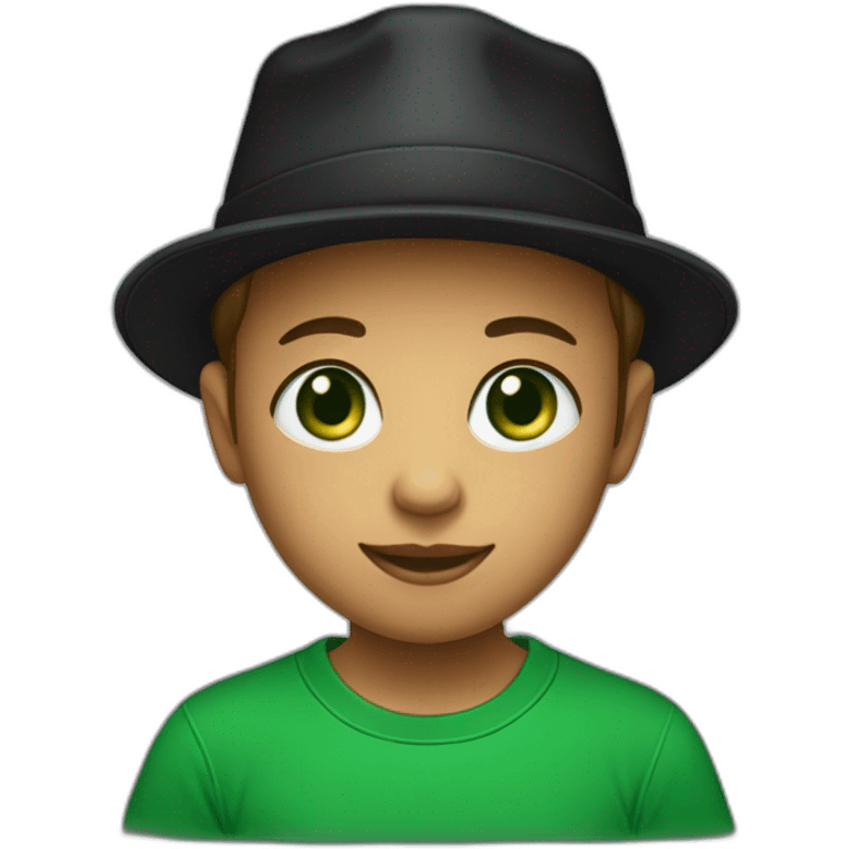 A child with green eyes, wearing a black hat and a green T-shirt with a black letter “G” on T.Shirt emoji