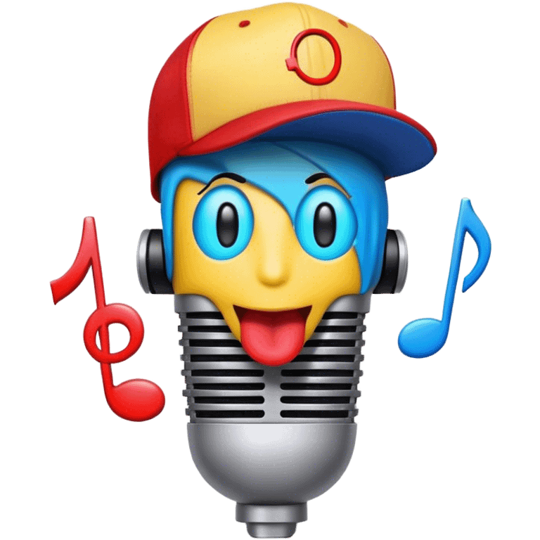 Create a bold and playful emoji that represents beatboxing. The design should feature a microphone with a cap placed on top, with large lips peeking out from under the cap. From the lips, bass clef symbols are bursting outward, symbolizing the vocal percussion and rhythm of beatboxing. Add soundwaves or beat patterns to reflect the energetic and creative nature of the art form. Use vibrant, bold colors like neon blue, red, and yellow to convey the street culture and intensity of beatboxing. The background should be transparent. emoji