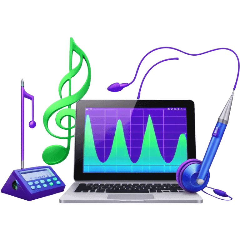 Create a creative and inspiring emoji that represents writing music tracks. The design should feature musical notes, a pen or pencil, and a digital audio workstation (DAW) interface or a computer screen with a visible waveform, symbolizing the process of composing and arranging a track. Add elements like a metronome or a pair of headphones to reflect the recording and editing aspects. Use vibrant colors like electric blue, purple, or neon green to represent creativity and innovation in music production. The background should be transparent. emoji