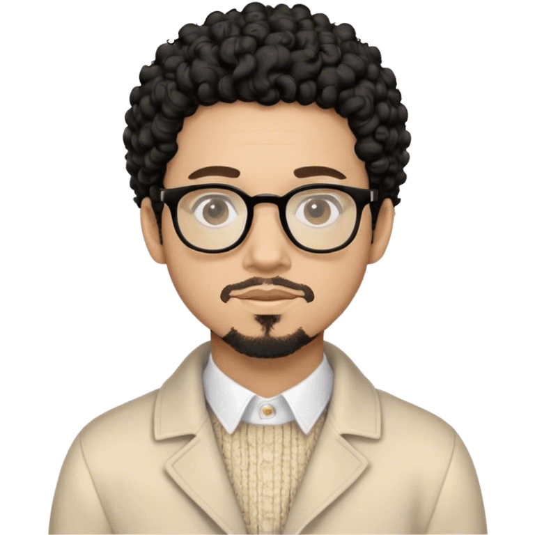 Light skin male with black curls, glasses, a goatee and a white button up colar with a beige knit sweater and beige off white coat emoji