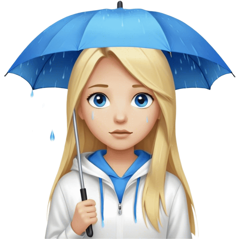 Cinematic realistic emojis in the form of a blonde girl with long hair, blue eyes and a straight nose, wearing a white hoodie, holding an umbrella above her, on which rain is dripping emoji