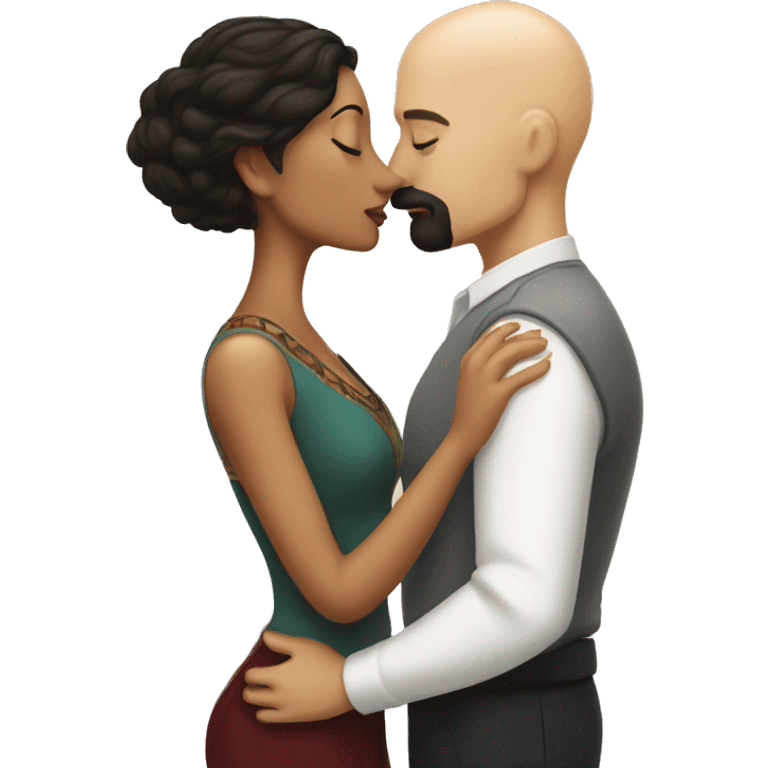 White Man bald with dark beard kissing short Mexican woman with long dark wavy hair emoji