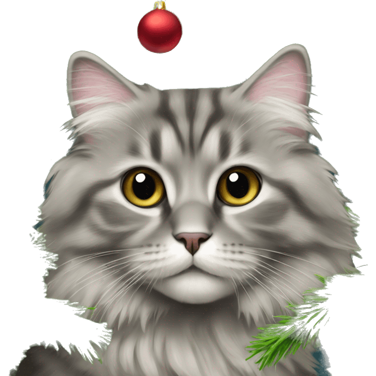 Gray Siberian cat on top of Christmas tree  emoji