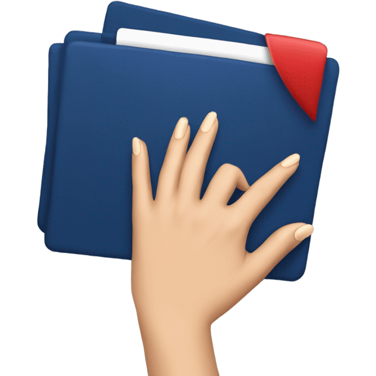 a female hand with a red manicure holds a dark blue notepad emoji