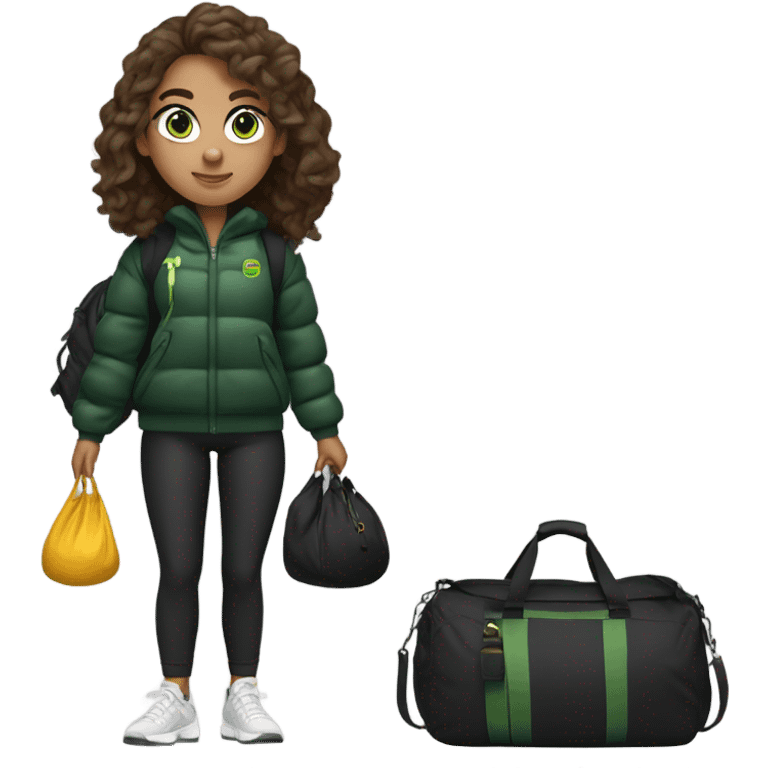 A sporty girl in a black short puffer with brown wavy hair and with a gym bag. Stylish baggy outfit. Green eyes emoji