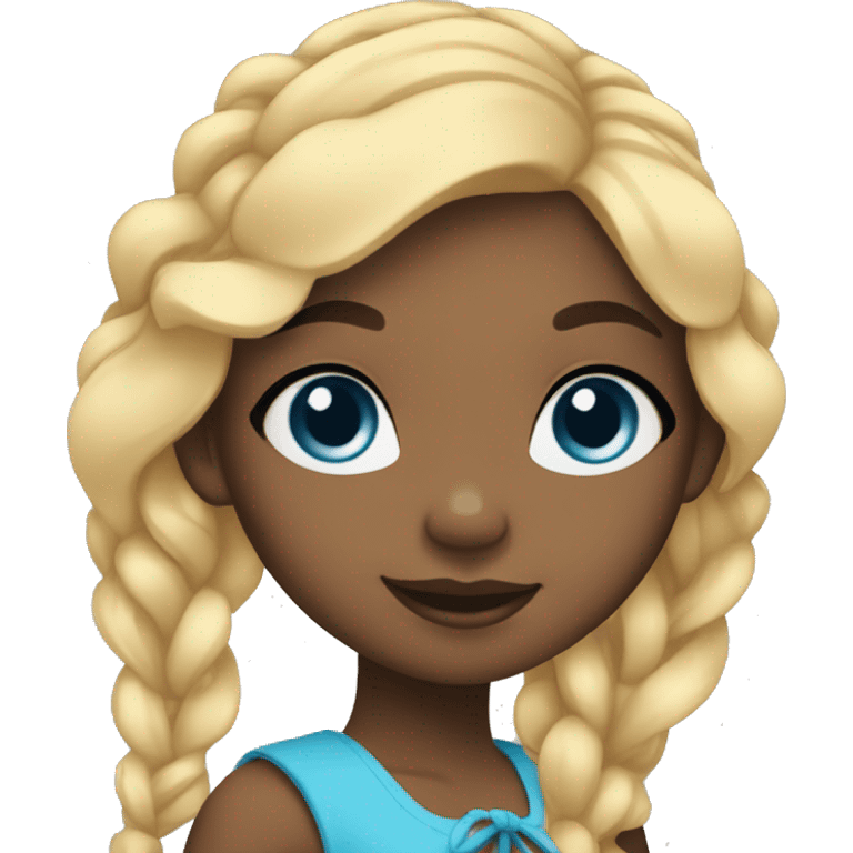  black american girl waves her hand, with blue eyes and tied up blonde hair, emoji