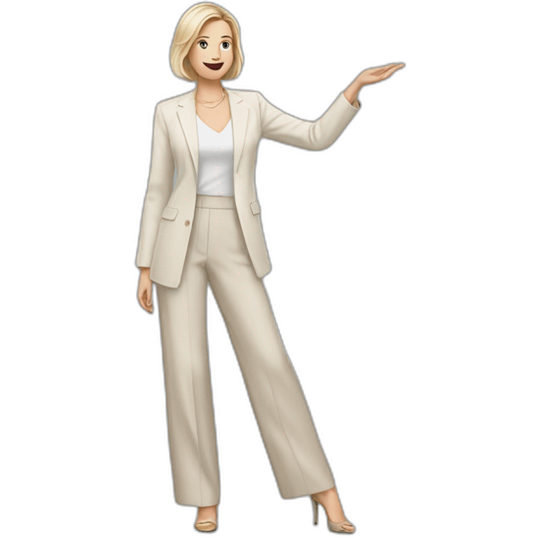 Full height Actively gesturing with hands pale skin woman with ash blonde Straightened bob Hair, White Spacious classical jacket, beige palazzo Arrow pants and gray blouse emoji