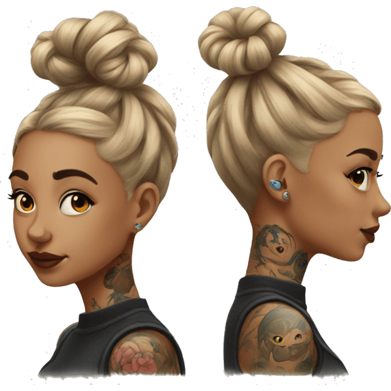 Tattooed girl with space buns and side bang emoji