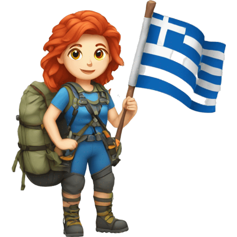 Female mountain climber red hair with Greek flag and holding Easter eggs basket emoji