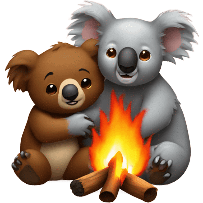 Koala snuggles with brown bear around a fire emoji