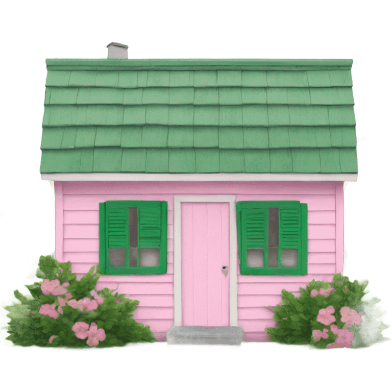 Small pink shack green shutters white roof emoji