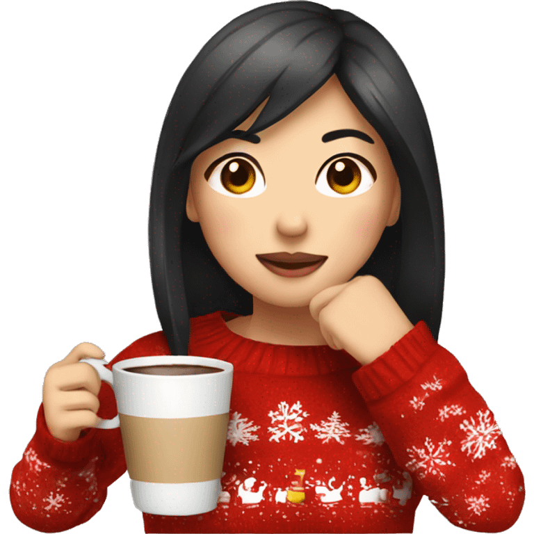 asian girl drinking coffee wearing Christmas sweater emoji