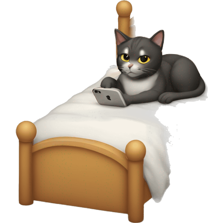 cat in a bed laying down with iPhone in hand emoji