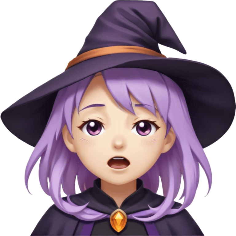 cute anime girl with closed eyes crying and screaming with lilac hair in witch hat emoji