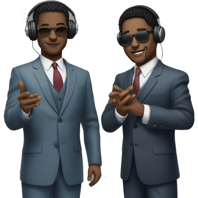 Two well-dressed individuals in suits human bodies with cat faces and hands. Wearing headphones for a podcast. Happy faces.  Almost the look of New Jack City clean, from back in the 90’s getting money. 
 emoji