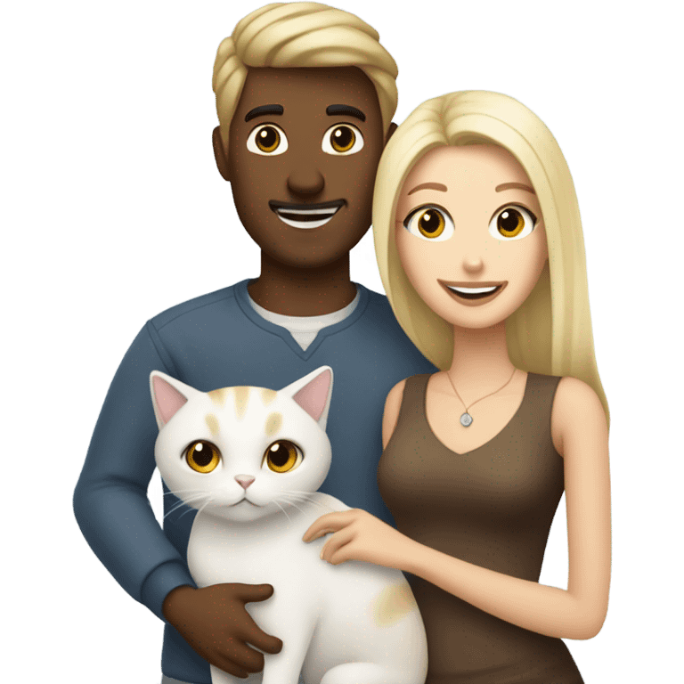 Couple brunette man and blonde woman with white cat emoji