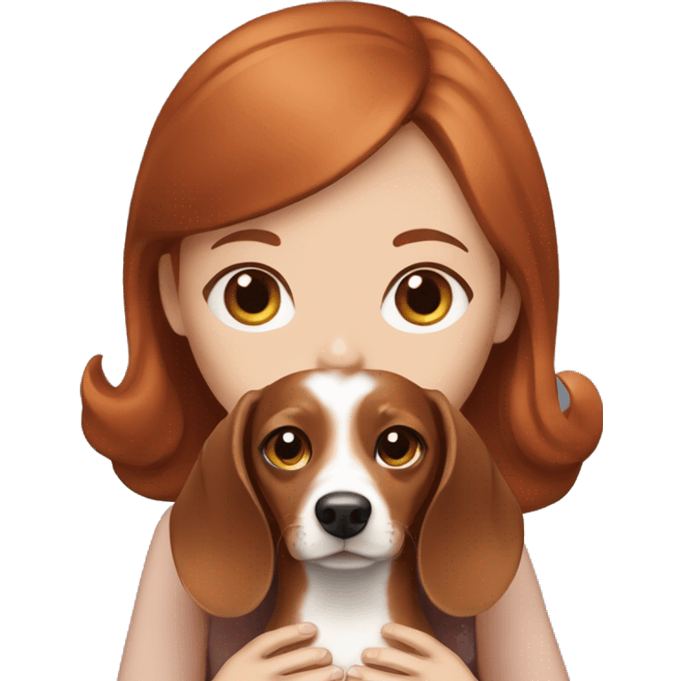 Auburn haired girl with blue eyes holding a cream dachshund  emoji