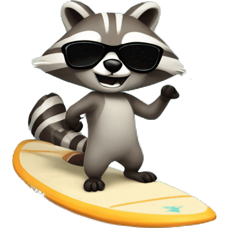 A racoon with sunglasses on a wave with a surfboard emoji