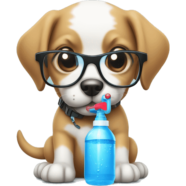 Puppy with glasses holding a water gun in a cool way emoji