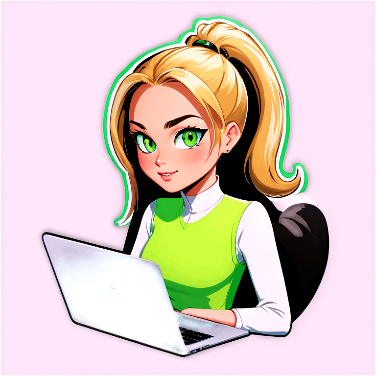 Blonde woman ponytail green eyes with cat and MacBook emoji