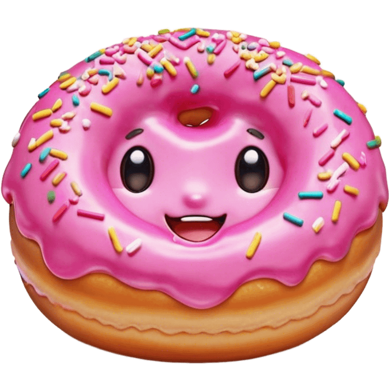 Cinematic tiny happy donut, round and fluffy, golden brown with pink icing and sprinkles, tiny adorable face with blushing cheeks, warm glowing background. emoji