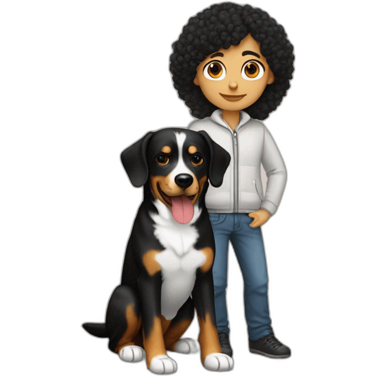 Russian programmer with curly black hair with dog Entlebucher zennenhund emoji