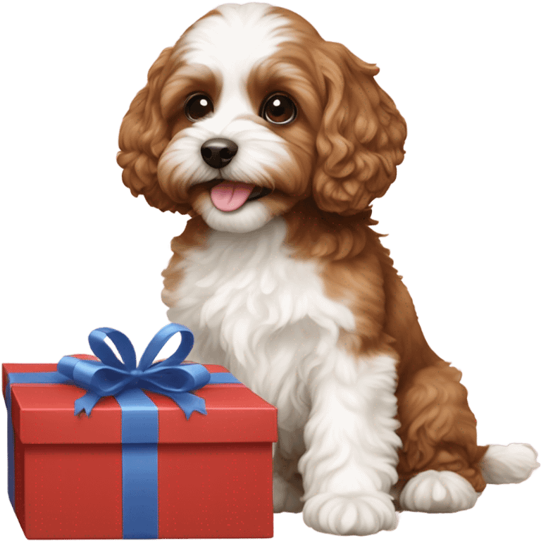 Brown and white cavapoo and gift box emoji