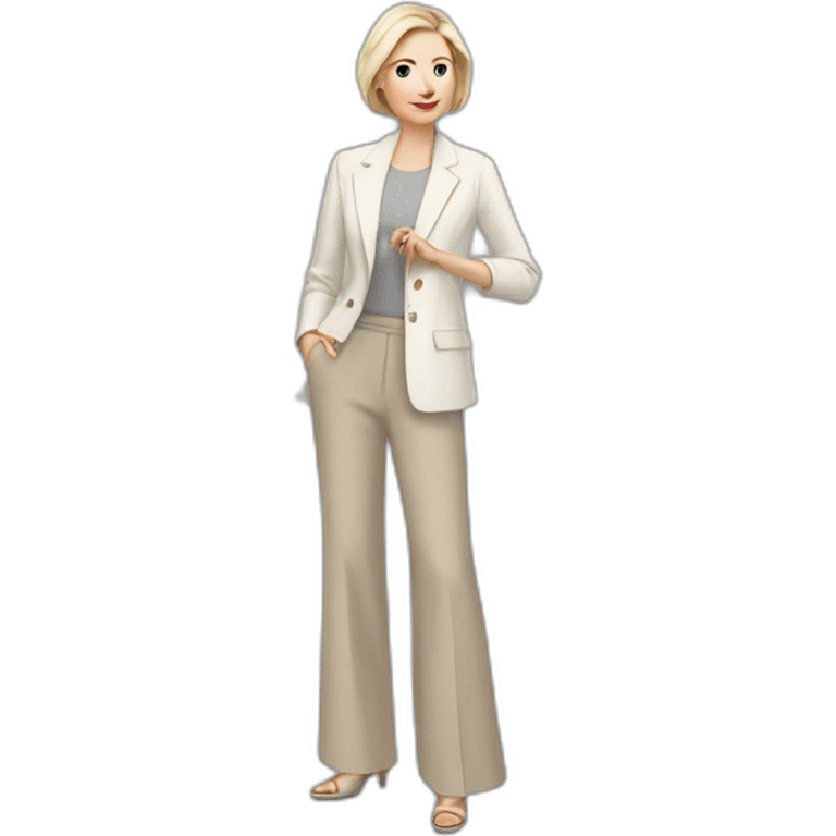 Full height Actively gesturing with hands pale skin woman with ash blonde Straightened bob Hair, White Spacious classical jacket, beige palazzo Arrow pants and gray blouse emoji