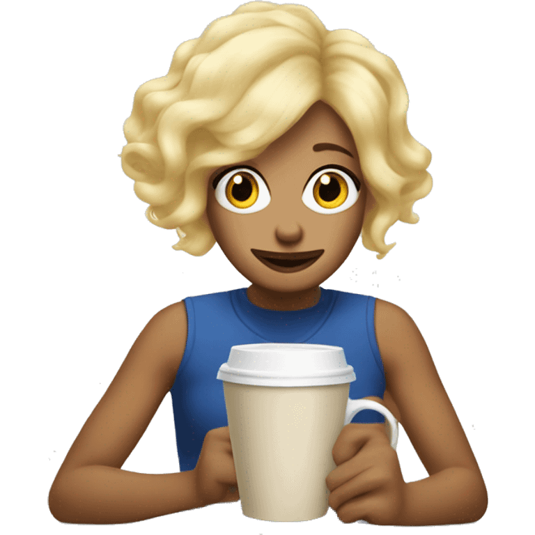 Dory the fish with a blonde wig and coffee emoji