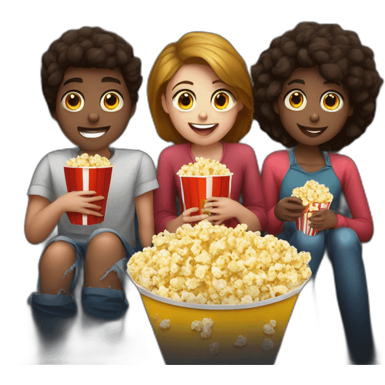 3 teenagers, watching movie at the cinema eating popcorn, dark background emoji