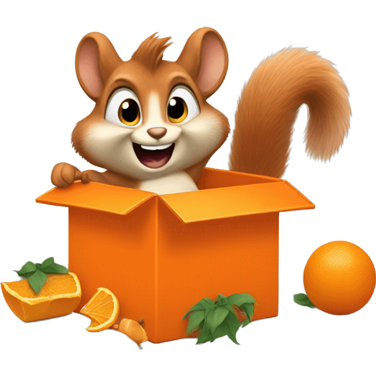 The squirrel is excited, tearing into a large orange box with items spilling out. emoji