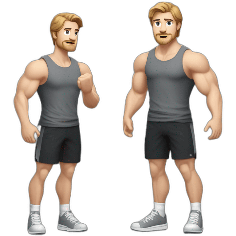 Full height Actively gesturing with hands Pale skinned Fit Man With the biceps and brown hair in dark gray Sleeveless Mike, black oversize sports shorts and white Sneakers emoji