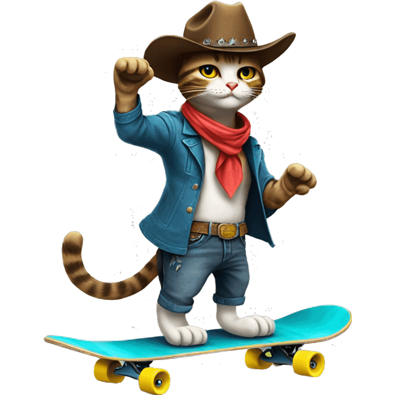 a cool cowboy cat on skateboard, lively emoji