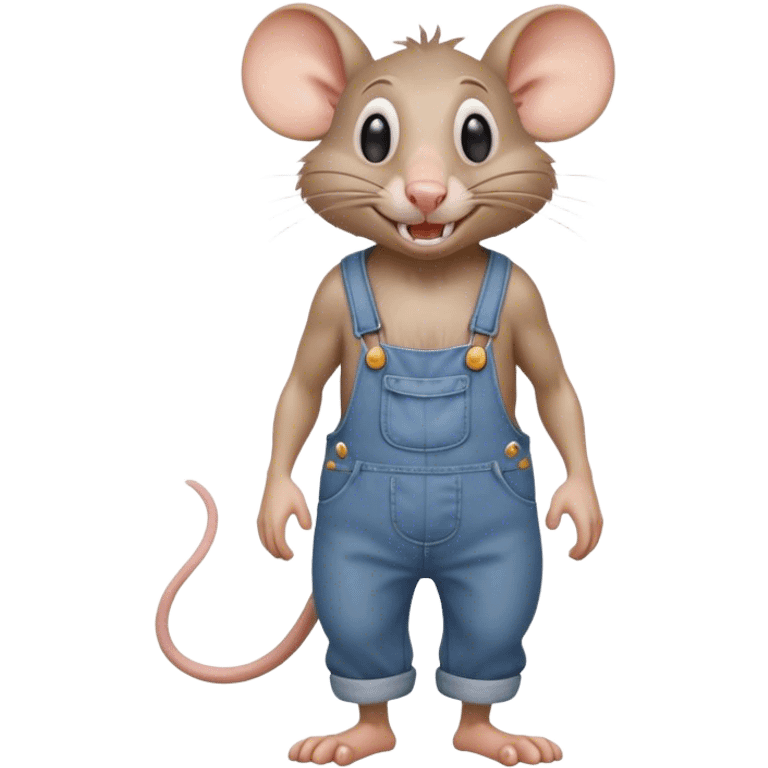 dizzy cartoon hillbilly rat wearing overalls no shirt. standing and talking full body. human eyes. teeth showing talking. walking talking moving arms emoji