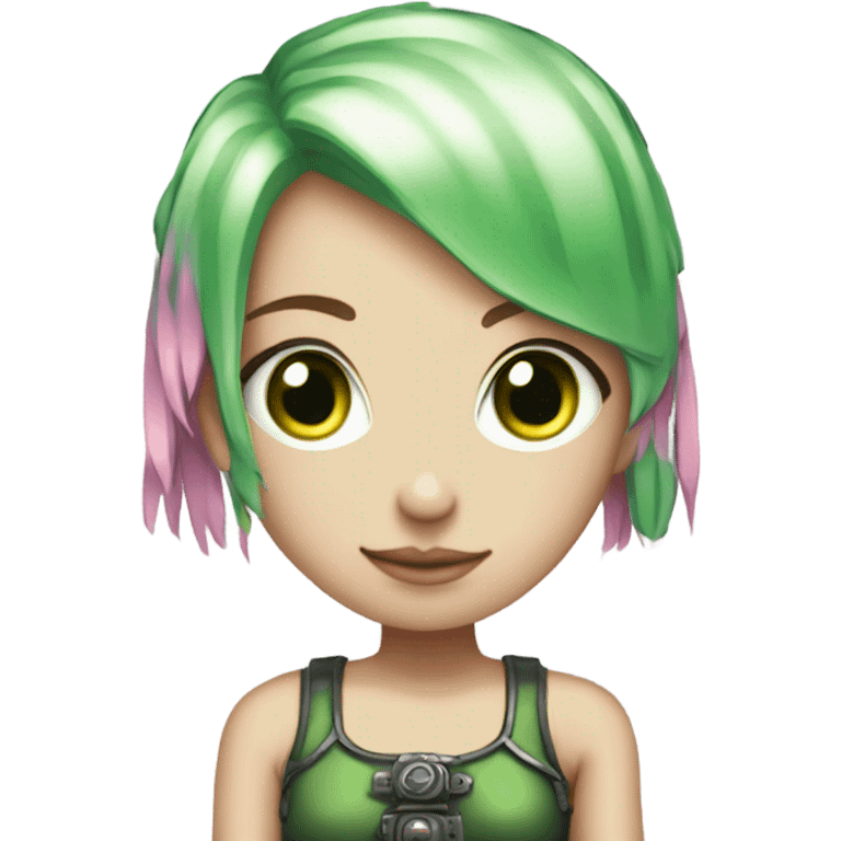 light-skinned girl, 1girl, pink hair, short pink hair, steampunk, green eyes, green swimsuit, robotic left arm emoji