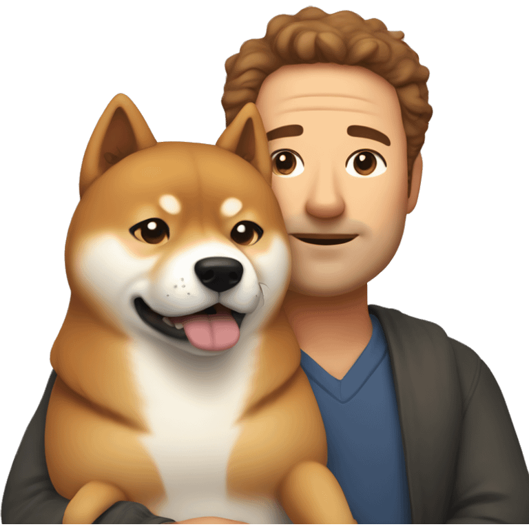 Shiba-inu cuddles middle age man with curly brown hair without bear  emoji