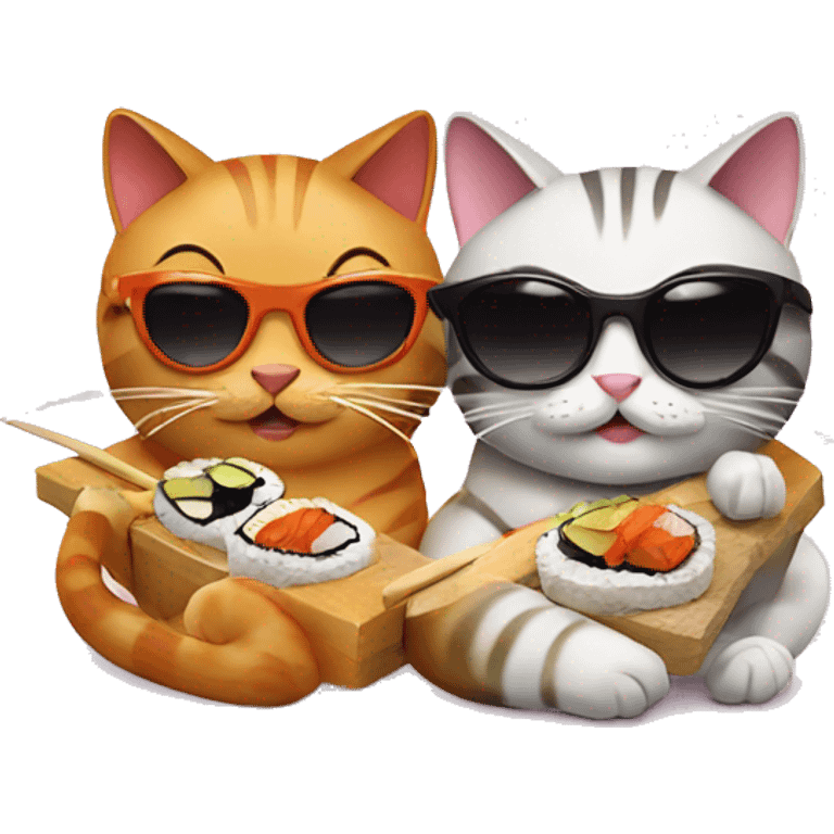 two cats wearing sunglasses eating sushi emoji