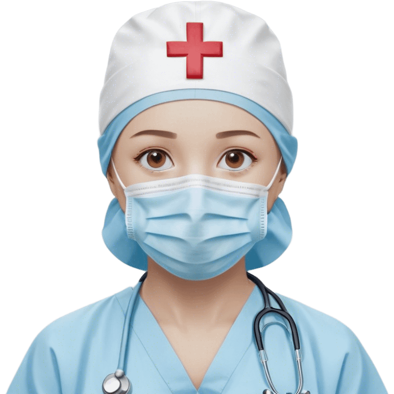 "A minimalistic bust of a surgeon wearing a light blue surgical cap and mask, covering the lower half of the face. The eyes are simple yet expressive, conveying focus and professionalism. The figure is dressed in a smooth, clean surgical gown with a small red cross emblem on the chest. A thin, simplified stethoscope drapes around the neck. The background features a subtle, abstract medical symbol like a heartbeat line or a small scalpel icon. The design is sleek and modern, with smooth lines and soft shading, following a minimalist emoji style emoji