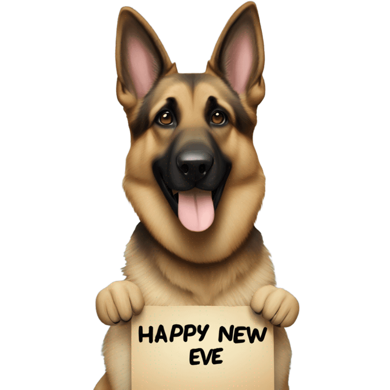 Blonde and brown German shepherd holding a sign that says “Happy New Years Eve” emoji