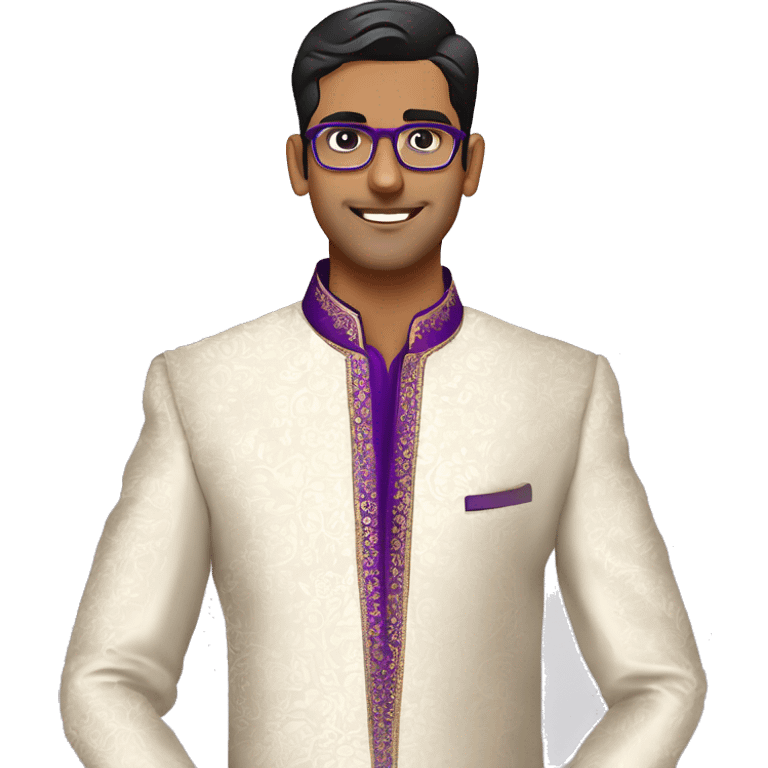 Full length Fair skinned south indian bridegroom wearing purple sherwani with floral design and wearing aviator style spectacles emoji