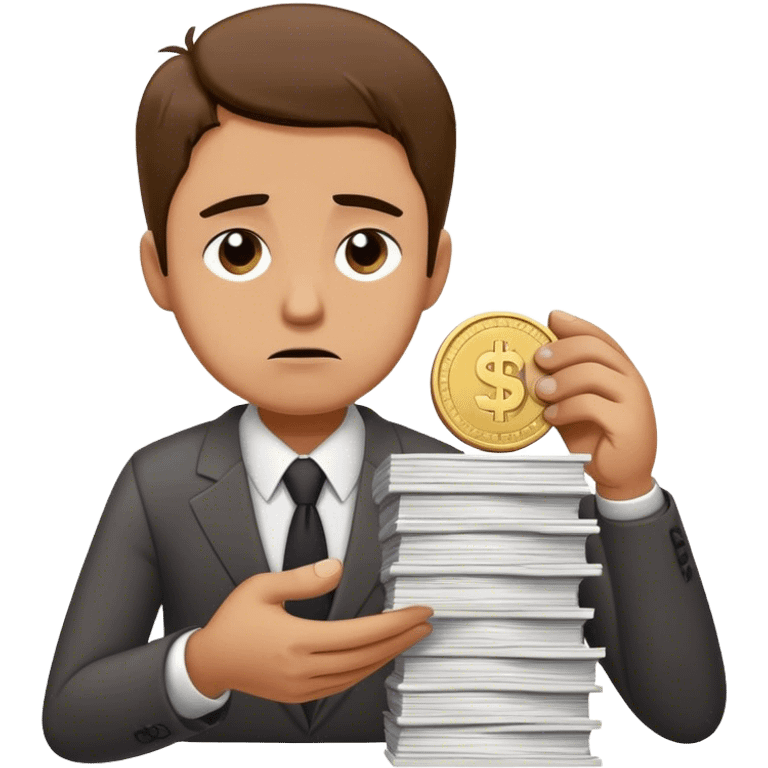 enerate an emoji of a sad business owner handing over a giant stack of work in exchange for a single tiny coin. The character looks frustrated and disappointed, representing undervaluing their services emoji