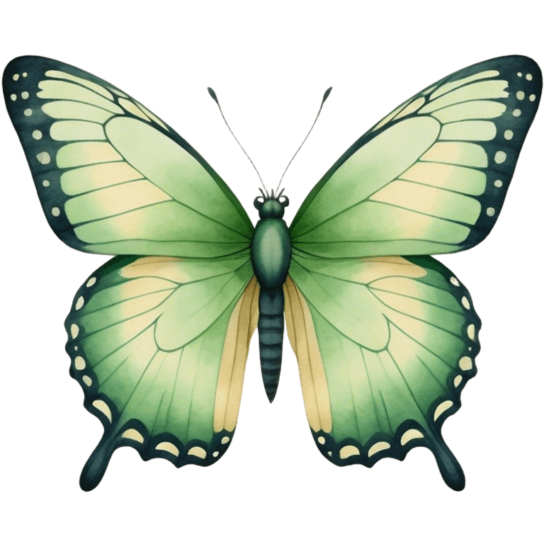 A minimalist watercolor illustration of a butterfly with green hues and fine details, set against a soft beige canvas.
 emoji