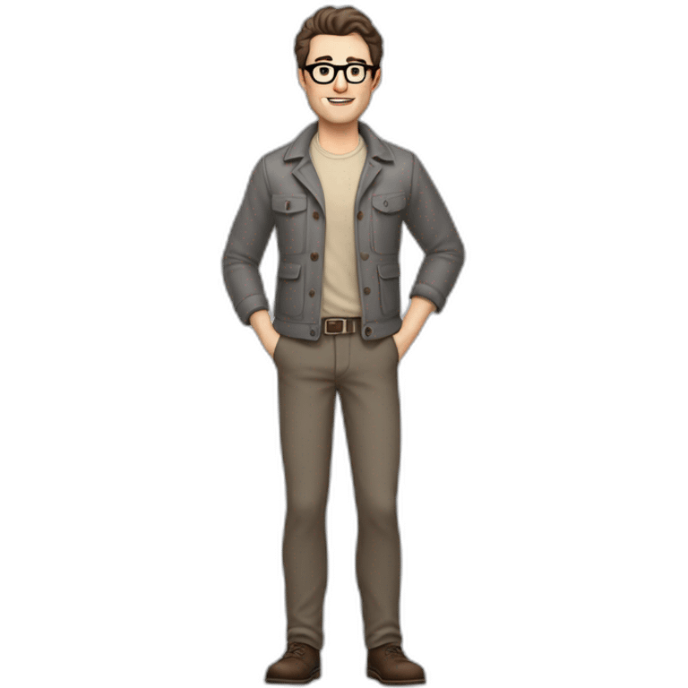 Full height Pale skinned Fit Man With dark brown hair in gray jacket, beige office shirt, gray vest, Brown pants and vintage glasses. Thrumbs of his palms directed up emoji