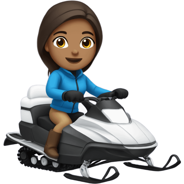 Tan girl with dark brown hair and blue eyes riding a snow mobile emoji